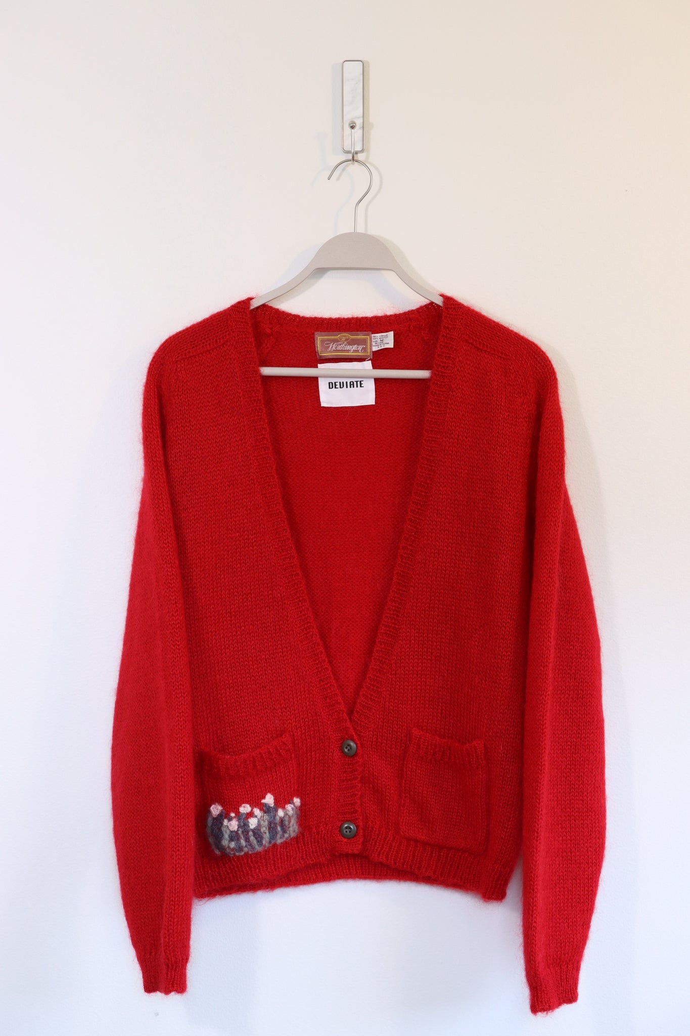 Red Fuzzy Mohair Cardigan with Flower Patch Pocket Embroidery MEDIUM