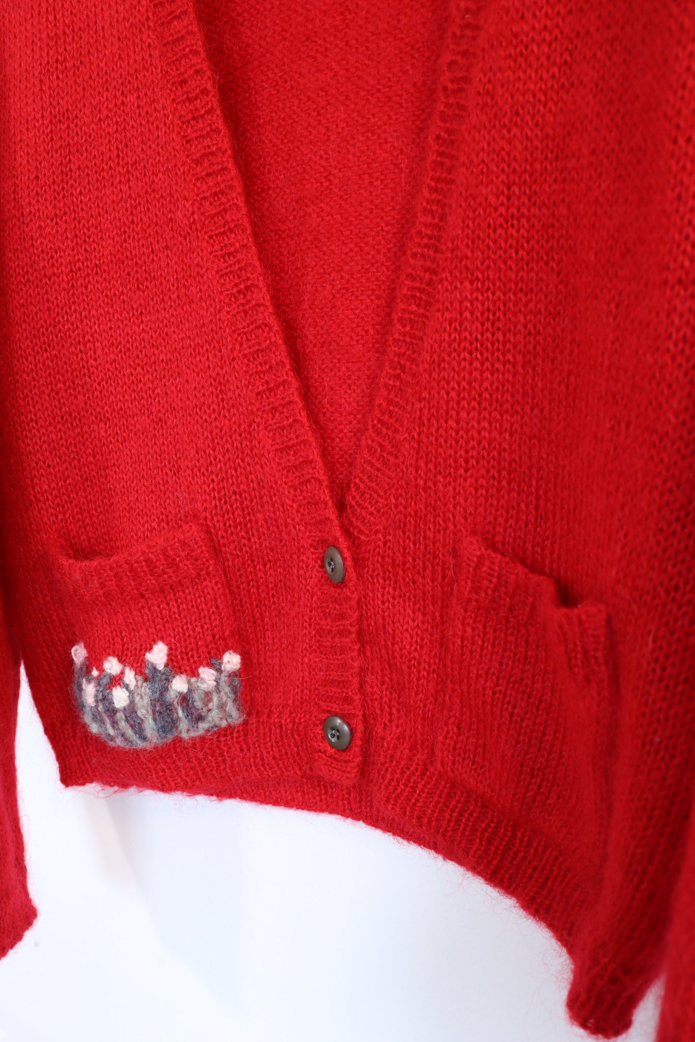 Red Fuzzy Mohair Cardigan with Flower Patch Pocket Embroidery