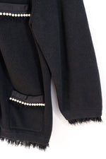 Vintage Black Knit Cardigan with Pearl Trim - MEDIUM