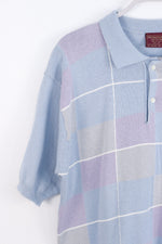 Vintage 90's Soft Blue Plaid Short Sleeve Collared Sweater - LARGE
