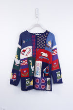 Vintage Hand Knit Sweater w/ Embroidered Scenes - LARGE