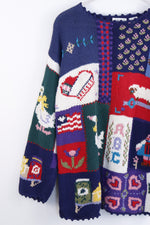 Vintage Hand Knit Sweater w/ Embroidered Scenes - LARGE