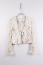 Lovely Things Embroidered Patchwork Crocheted Cardigan w/ Bow Ties - MEDIUM